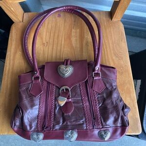 Leather Hand Bag with Wallet, Burgundy. Vintage Effect